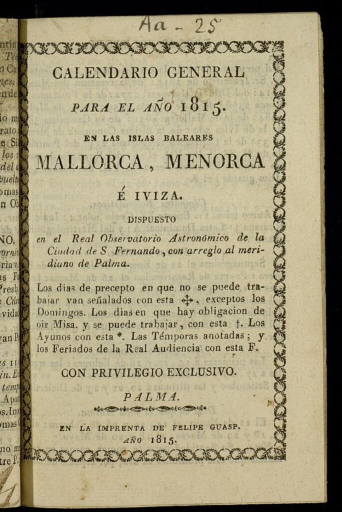 Miniatura de Calendario para Mallorca, Menorca é Iviza[sic] del año de 1815