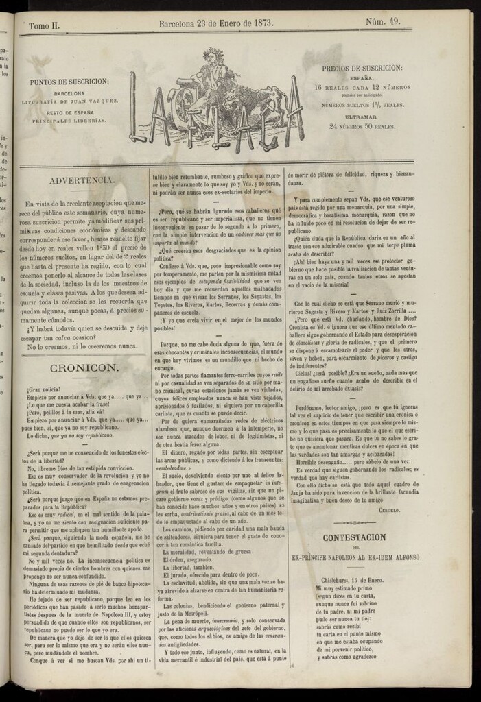 Miniatura de La Flaca del 23 de enero de 1873, nº 49