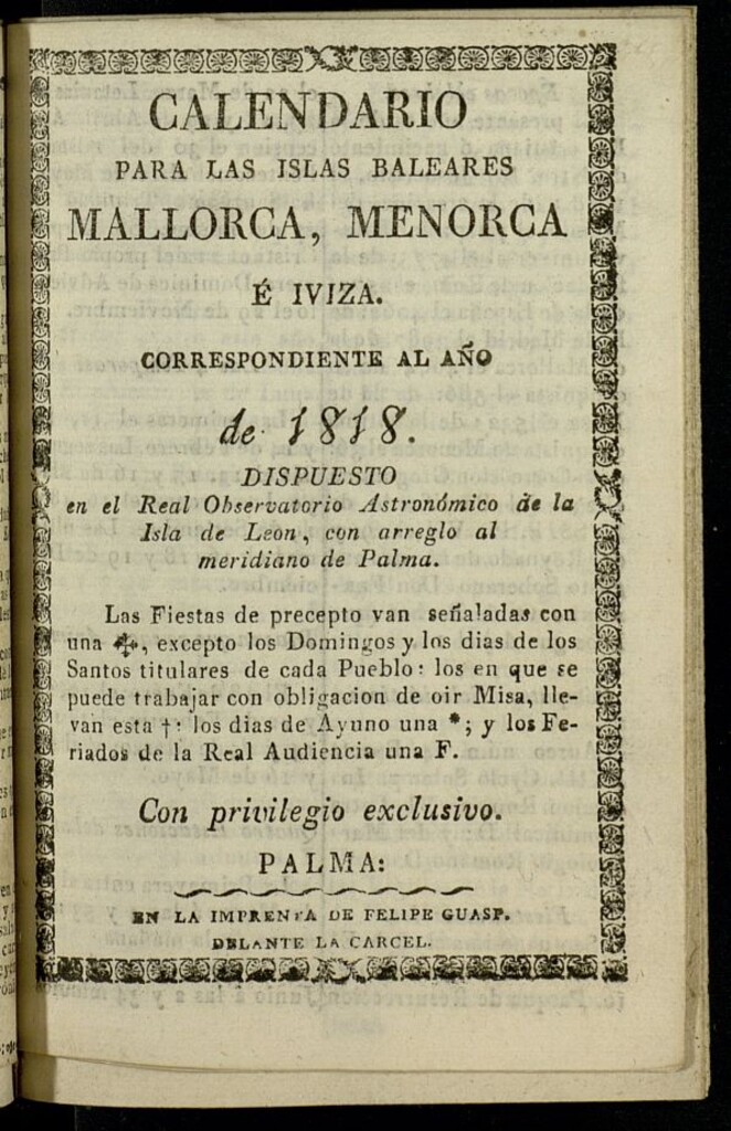 Miniatura de Calendario para Mallorca, Menorca é Iviza[sic] del año de 1818