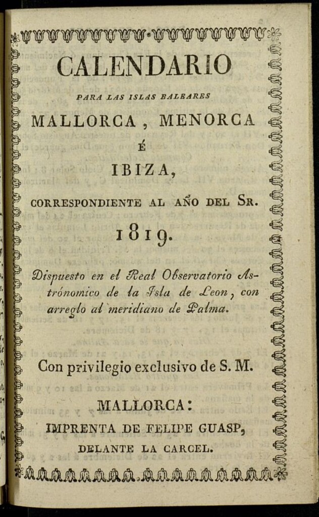 Miniatura de Calendario para Mallorca, Menorca é Iviza[sic] del año de 1819