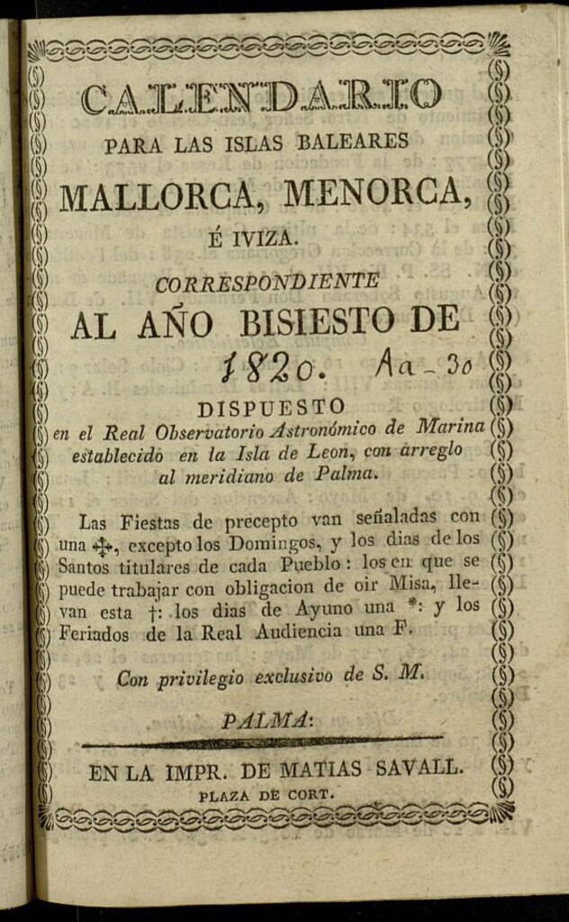 Miniatura de Calendario para Mallorca, Menorca é Iviza[sic] del año bisiesto de 1820