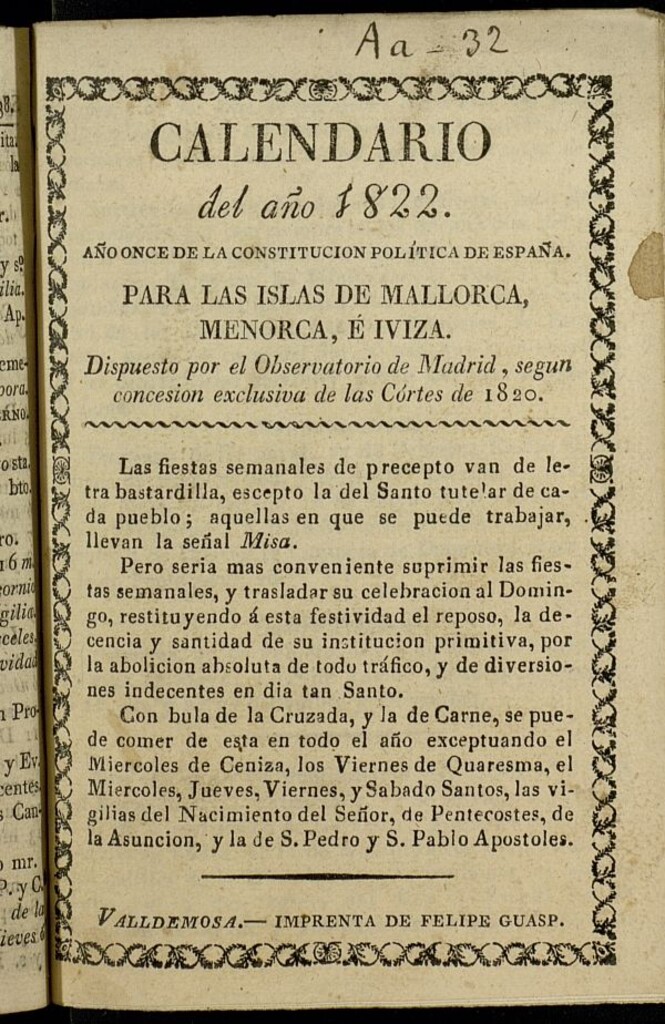 Miniatura de Calendario para Mallorca, Menorca é Iviza[sic] del año de 1822