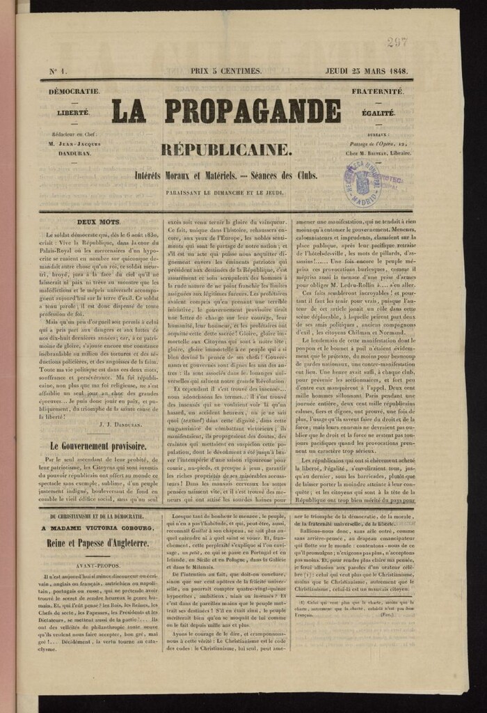 Miniatura de La Propagande républicaine: intérêts moraux et matériels, séances des Clubs del 23 de marzo de 1848, nº 1