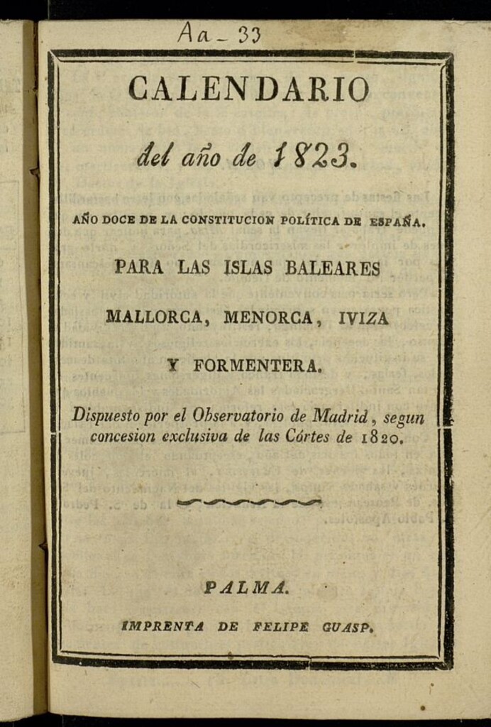 Miniatura de Calendario para Mallorca, Menorca é Iviza[sic] del año de 1823