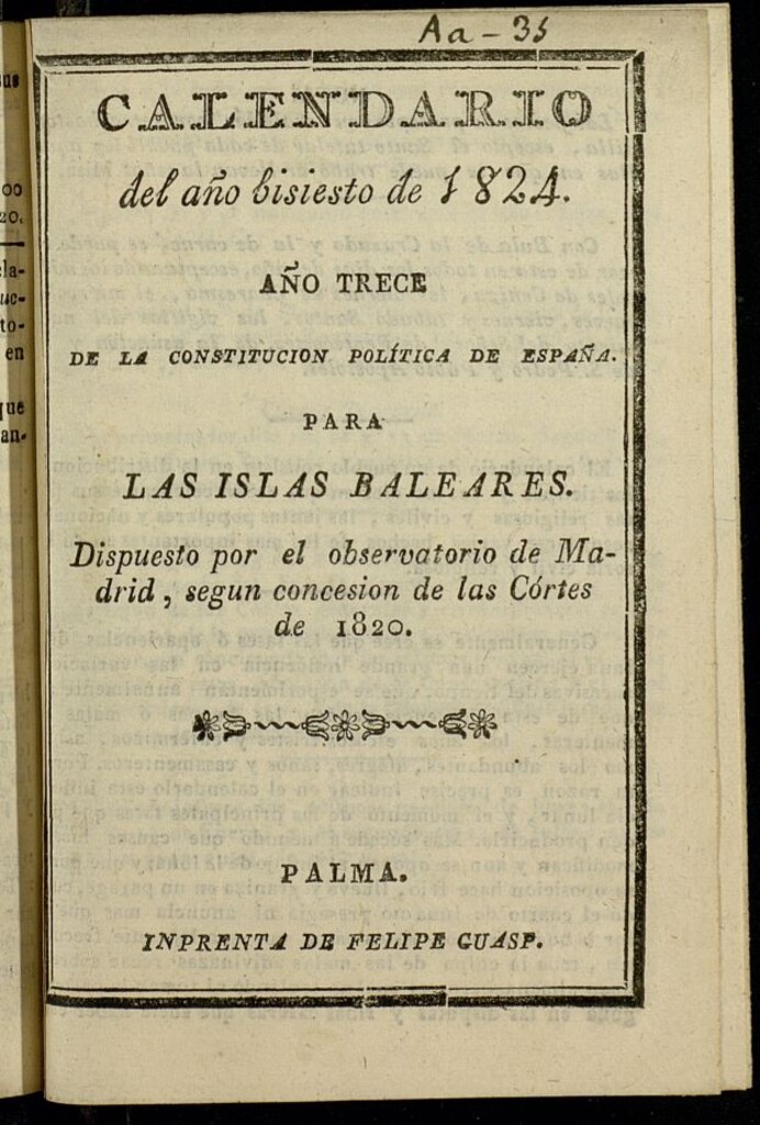 Miniatura de Calendario para Mallorca, Menorca é Iviza[sic] del año de 1824