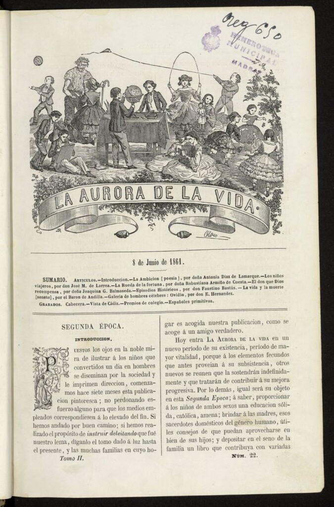 Miniatura de La Aurora de la Vida: único periódico ilustrado dedicado a niños de ambos sexos del 8 de junio de 1861, nº 22