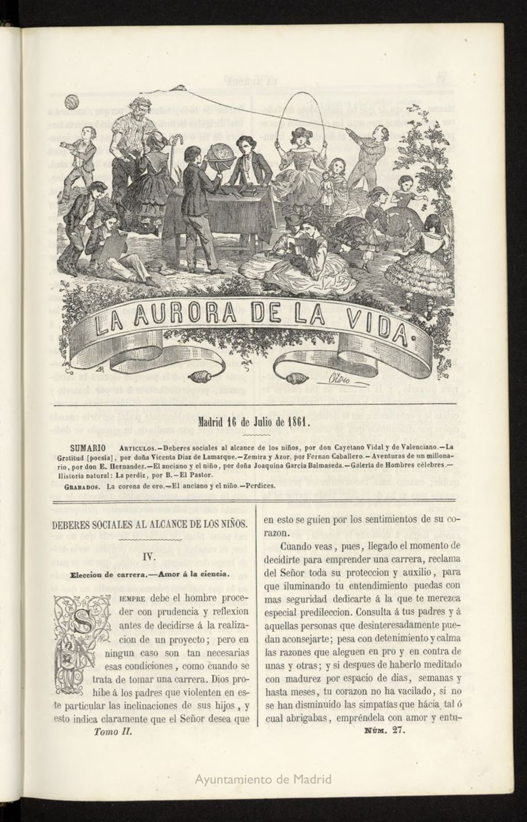 Miniatura de La Aurora de la Vida: único periódico ilustrado dedicado a niños de ambos sexos del 16 de julio de 1861, nº 27