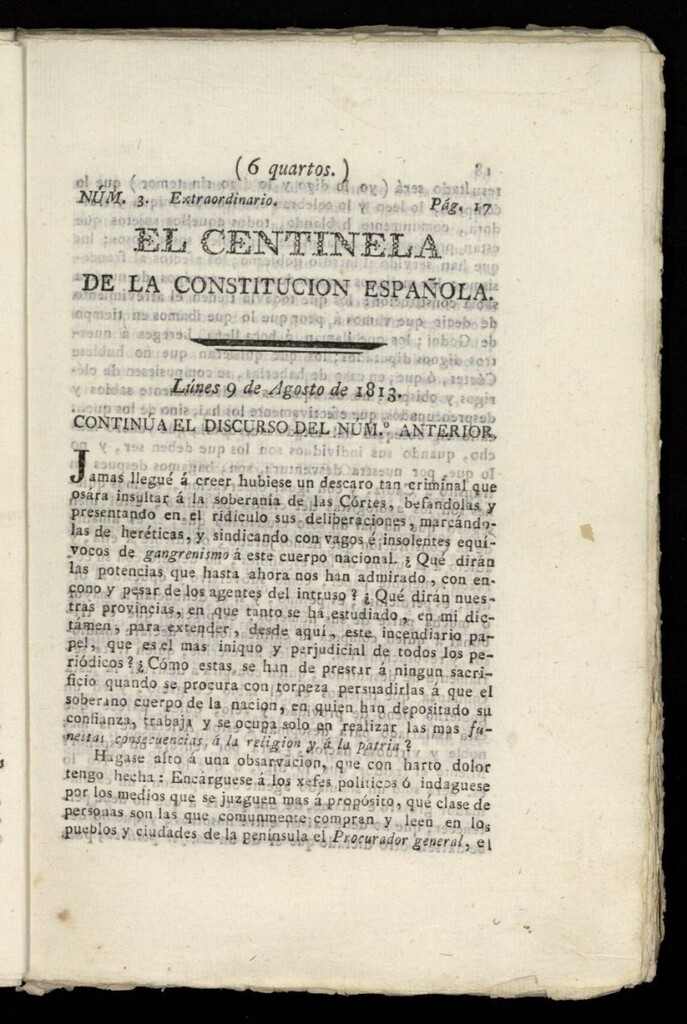 Miniatura de Centinela de la Constitución Española del 9 de agosto de 1813, nº 3 extraordinario