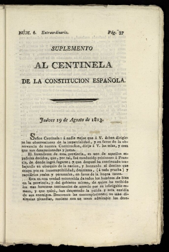 Miniatura de Centinela de la Constitución Española del 19 de agosto de 1813, nº 6 extraordinario