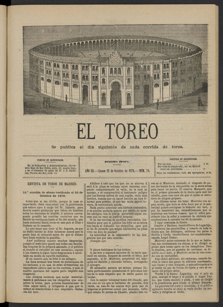 Miniatura de El Toreo: suplemento a "La Correspondencia Teatral" del 23 de octubre de 18761, nº 70