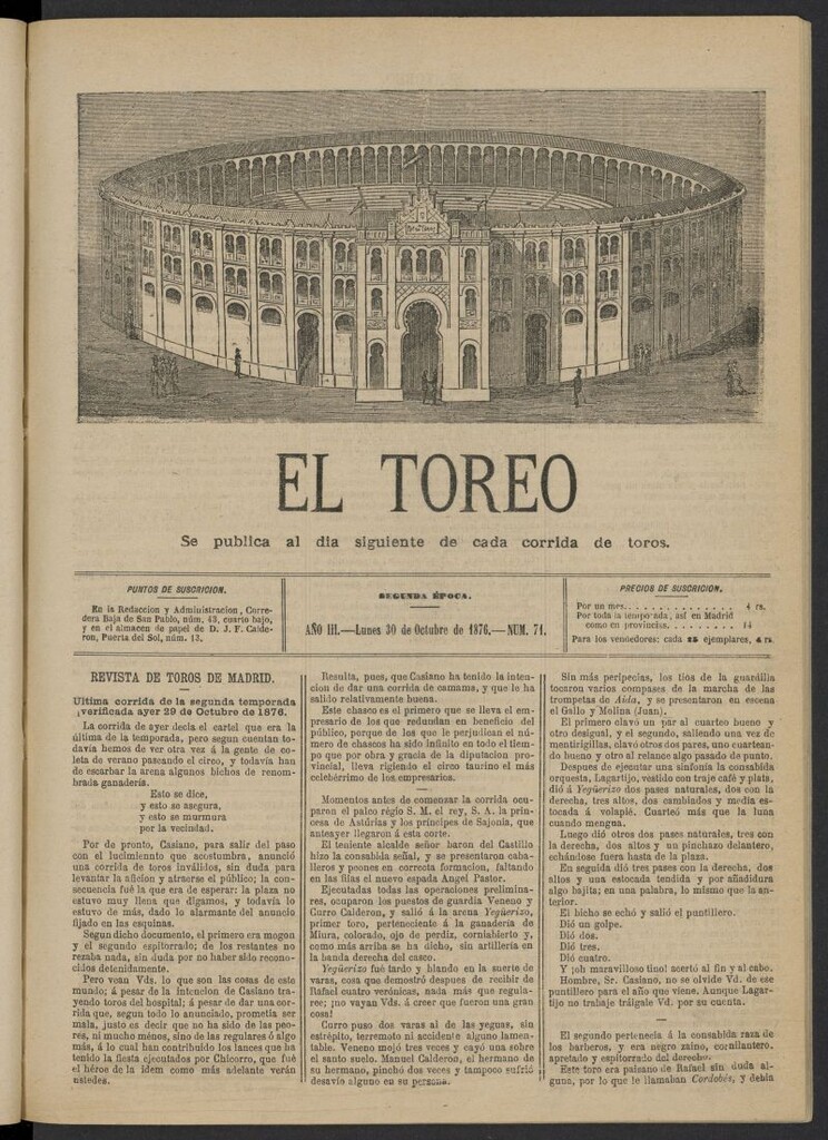 Miniatura de El Toreo: suplemento a "La Correspondencia Teatral" del 30 de octubre de 1876, nº 71