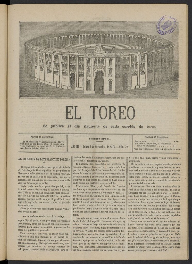 Miniatura de El Toreo: suplemento a "La Correspondencia Teatral" del 6 de noviembre de 1876, nº 72