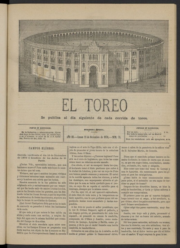 Miniatura de El Toreo: suplemento a "La Correspondencia Teatral" del 11 de diciembre de 1876, nº 73