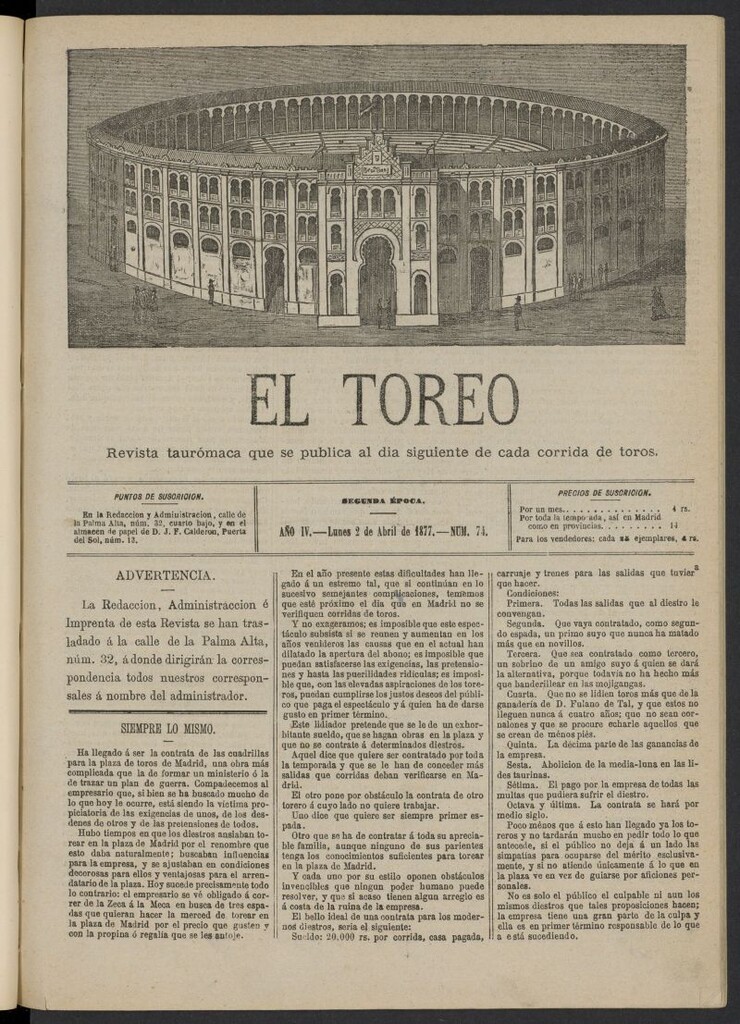 Miniatura de El Toreo: suplemento a "La Correspondencia Teatral" del 2 de abril de 1877, nº 74