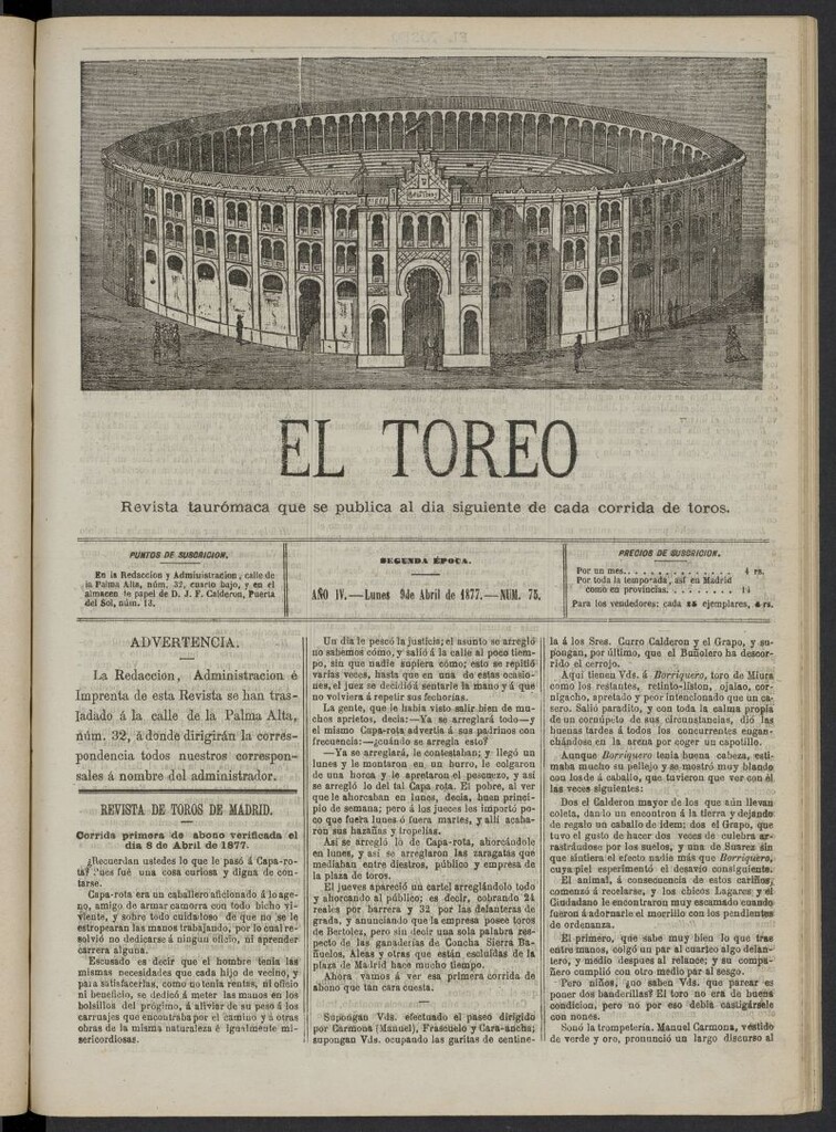 Miniatura de El Toreo: suplemento a "La Correspondencia Teatral" del 9 de abril de 1877, nº 75