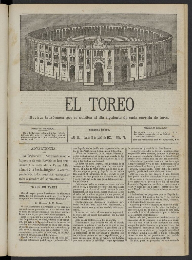 Miniatura de El Toreo: suplemento a "La Correspondencia Teatral" del 16 de abril de 1877, nº 76