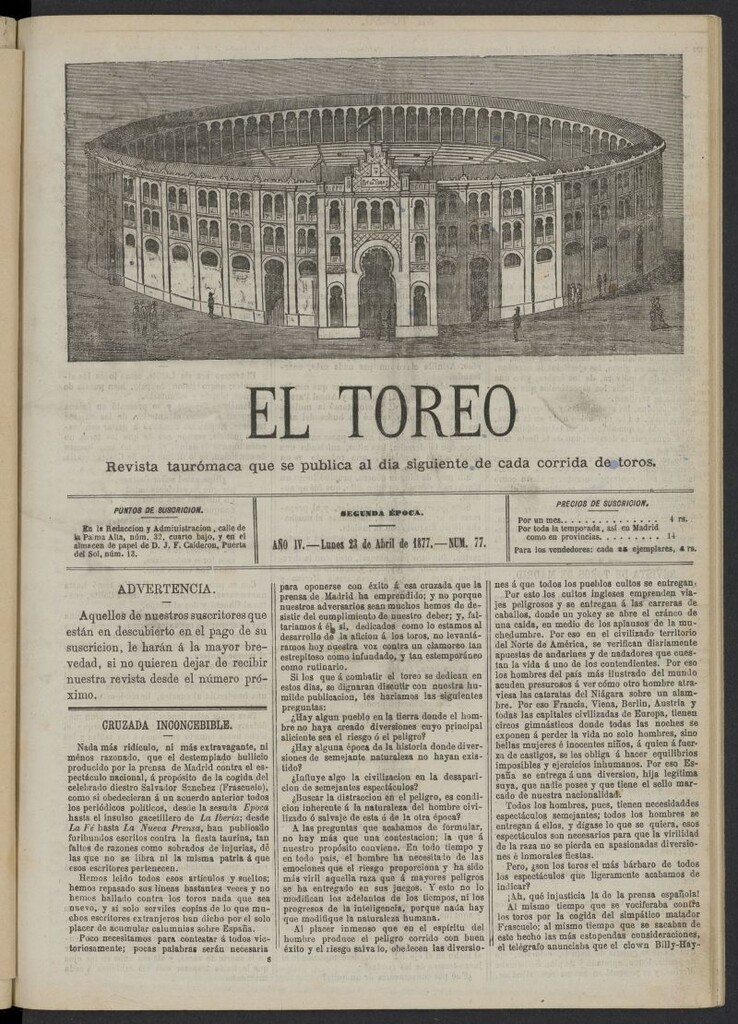 Miniatura de El Toreo: suplemento a "La Correspondencia Teatral" del 23 de abril de 1877, nº 77