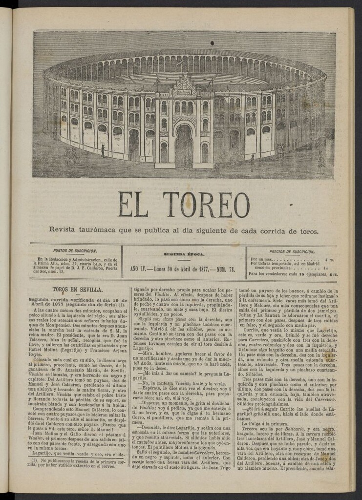 Miniatura de El Toreo: suplemento a "La Correspondencia Teatral" del 30 de abril de 1877, nº 78