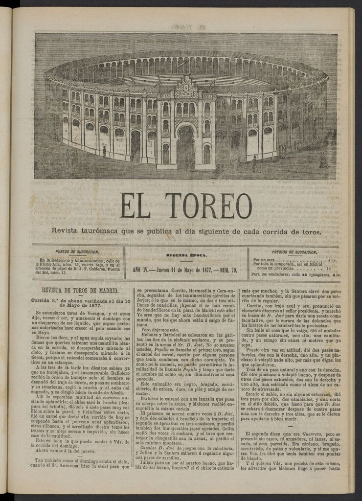 Miniatura de El Toreo: suplemento a "La Correspondencia Teatral" del 11 de mayo de 1877, nº 79