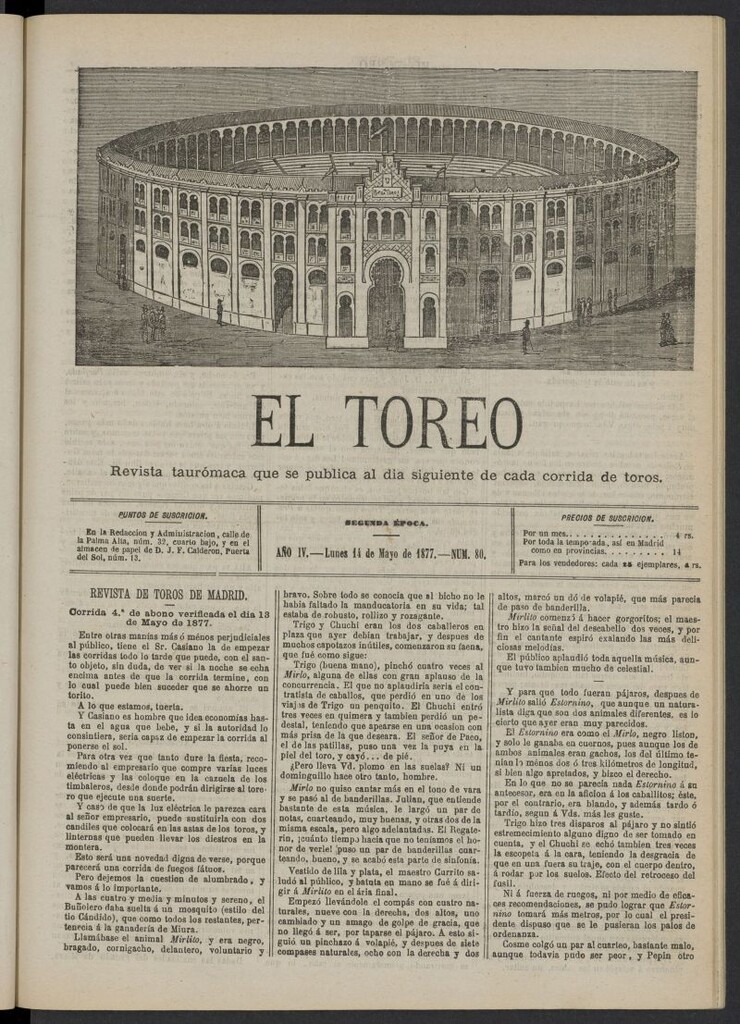 Miniatura de El Toreo: suplemento a "La Correspondencia Teatral" del 14 de mayo de 1877, nº 80