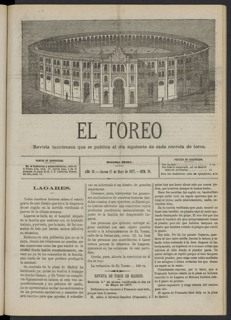 Miniatura de El Toreo: suplemento a "La Correspondencia Teatral" del 17 de mayo de 1877, nº 81