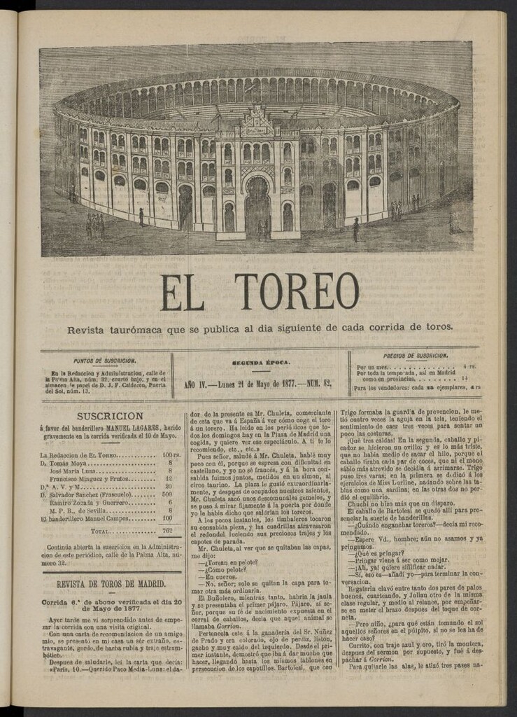 Miniatura de El Toreo: suplemento a "La Correspondencia Teatral" del 21 de mayo de 1877, nº 82