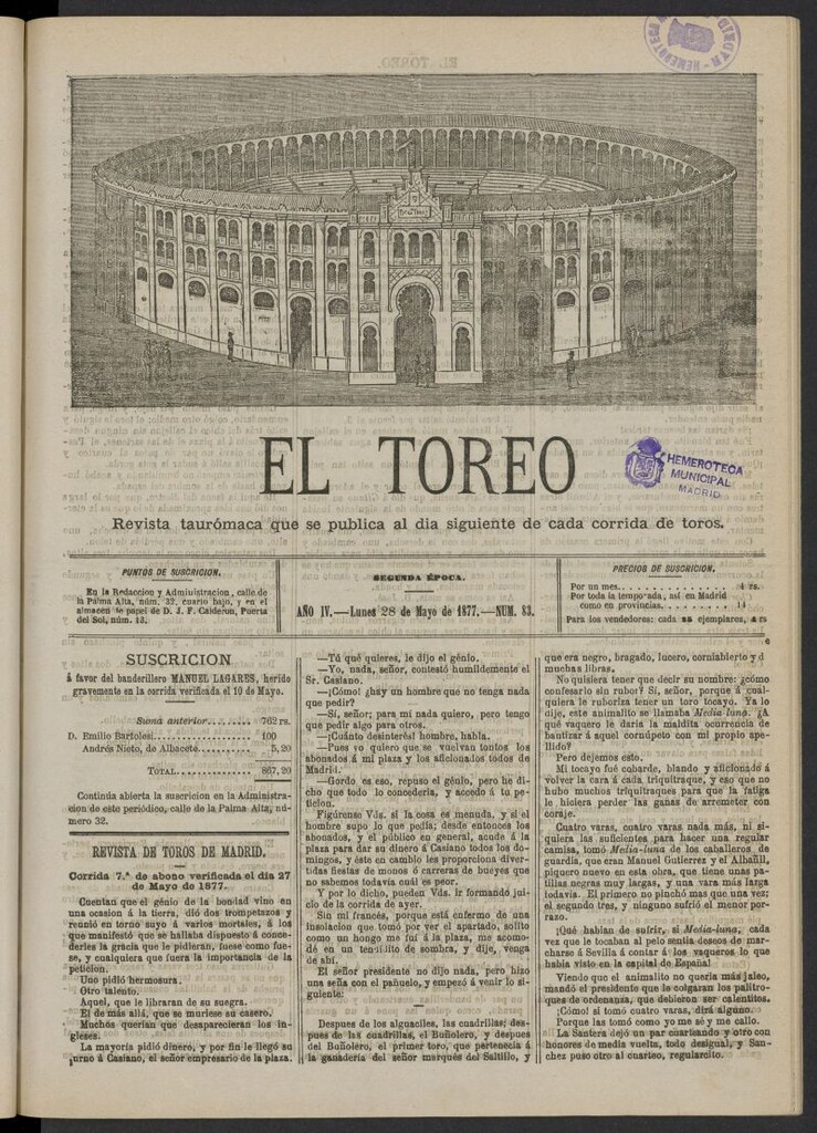 Miniatura de El Toreo: suplemento a "La Correspondencia Teatral" del 28 de mayo de 1877, nº 83