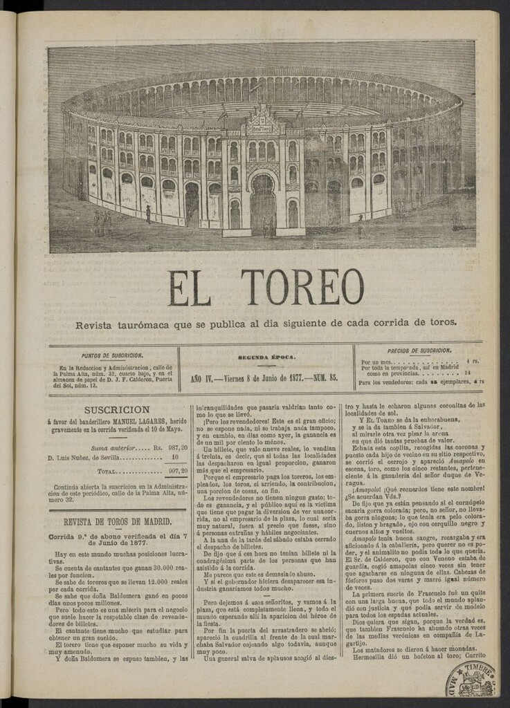 Miniatura de El Toreo: suplemento a "La Correspondencia Teatral" del 8 de junio de 1877, nº 85