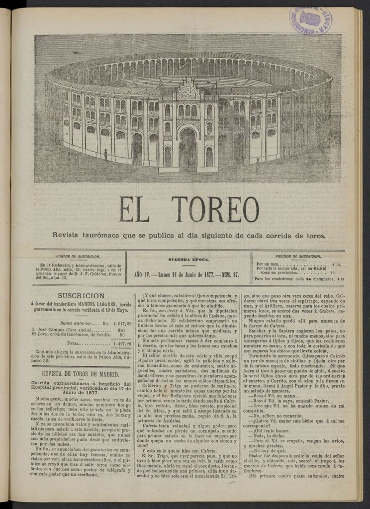 Miniatura de El Toreo: suplemento a "La Correspondencia Teatral" del 18 de junio de 1877, nº 87
