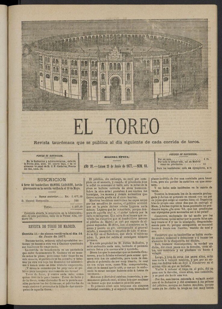 Miniatura de El Toreo: suplemento a "La Correspondencia Teatral" del 25 de junio de 1877, nº 88