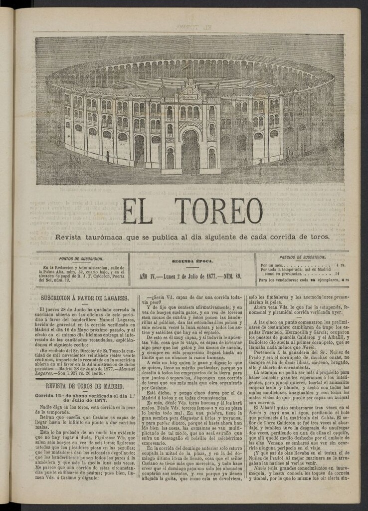 Miniatura de El Toreo: suplemento a "La Correspondencia Teatral" del 2 de julio de 1877, nº 89