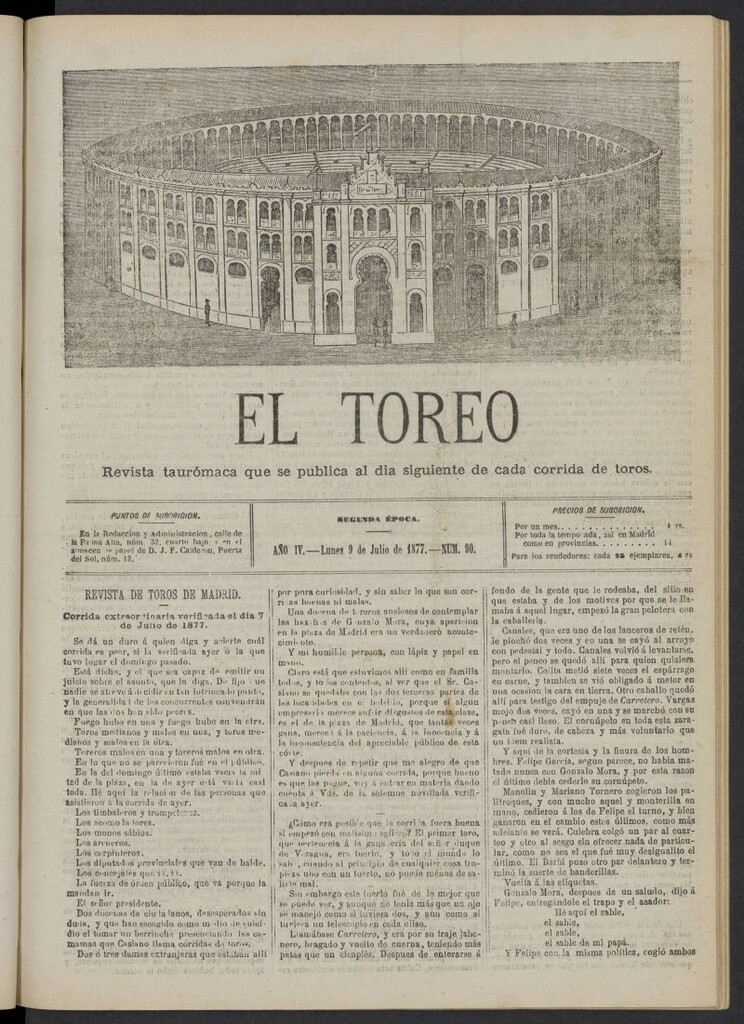 Miniatura de El Toreo: suplemento a "La Correspondencia Teatral" del 9 de julio de 1877, nº 90