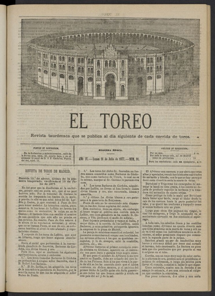 Miniatura de El Toreo: suplemento a "La Correspondencia Teatral" del 16 de julio de 1877, nº 91