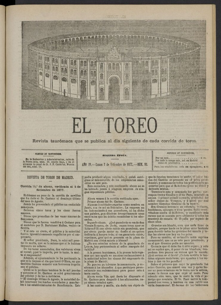 Miniatura de El Toreo: suplemento a "La Correspondencia Teatral" del 3 de septiembre de 1877, nº 92