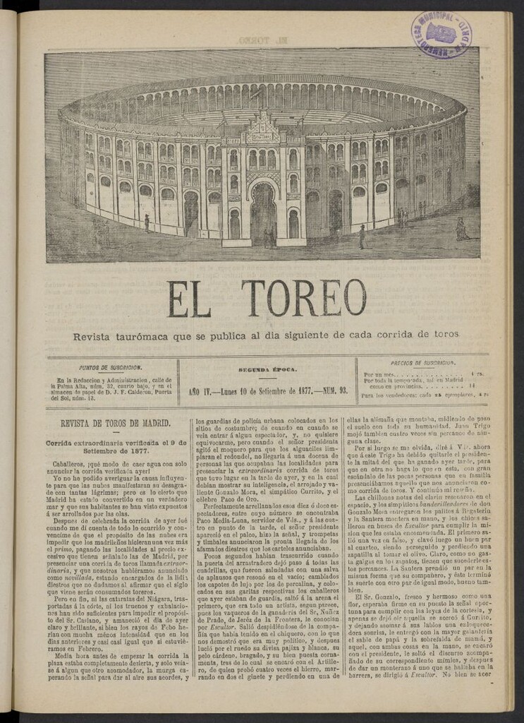 Miniatura de El Toreo: suplemento a "La Correspondencia Teatral" del 10 de septiembre de 1877, nº 93