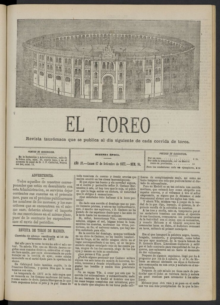 Miniatura de El Toreo: suplemento a "La Correspondencia Teatral" del 17 de septiembre de 1877, nº 94