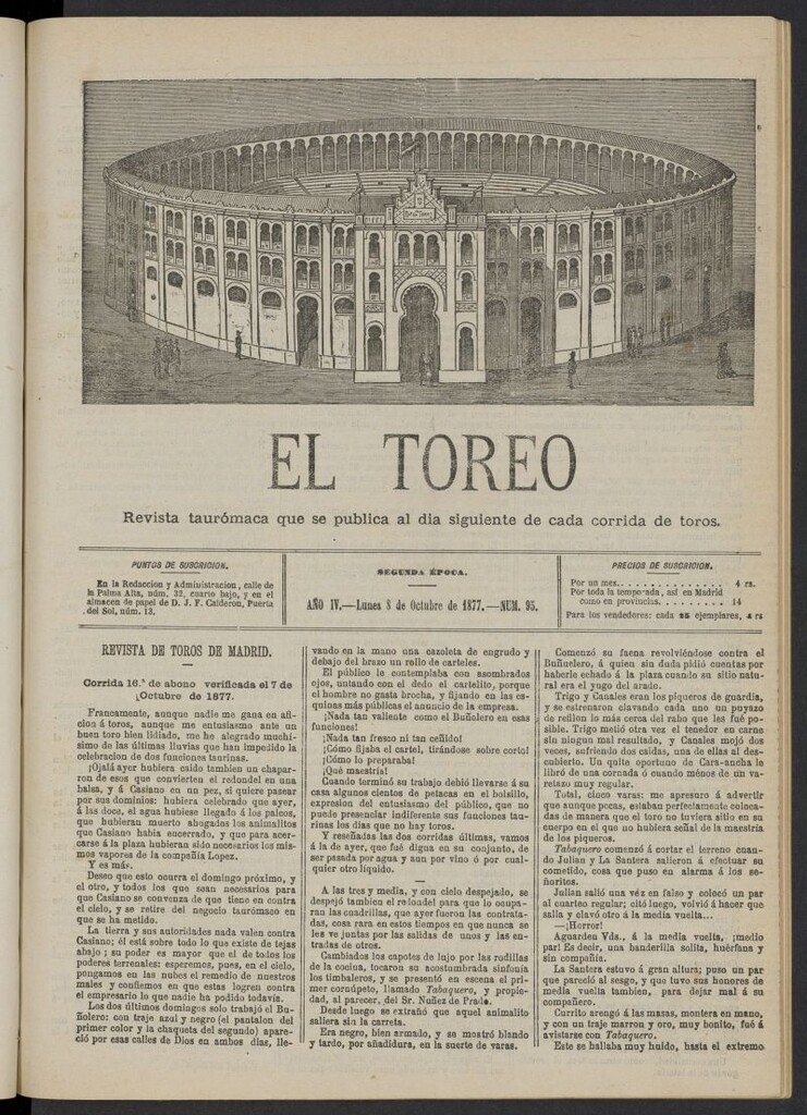 Miniatura de El Toreo: suplemento a "La Correspondencia Teatral" del 8 de octubre de 1877, nº 95