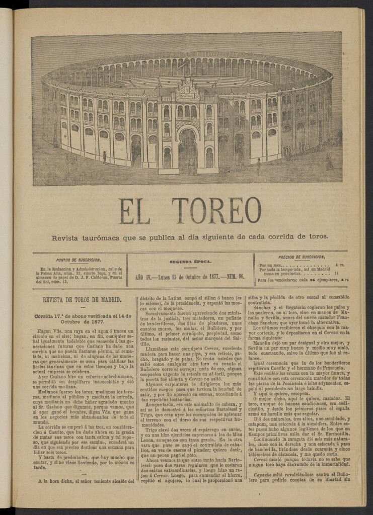 Miniatura de El Toreo: suplemento a "La Correspondencia Teatral" del 15 de octubre de 1877, nº 96