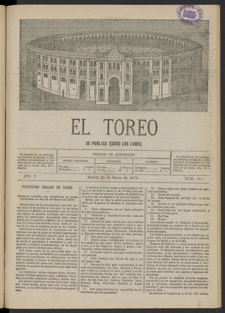 Miniatura de El Toreo: suplemento a "La Correspondencia Teatral" del 26 de enero de 1878, nº 111