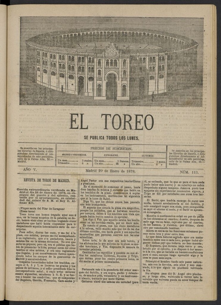 Miniatura de El Toreo: suplemento a "La Correspondencia Teatral" del 29 de enero de 1878, nº 113