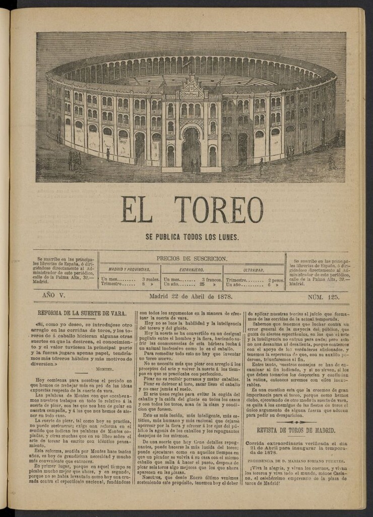 Miniatura de El Toreo: suplemento a "La Correspondencia Teatral" del 22 de abril de 1878, nº 125