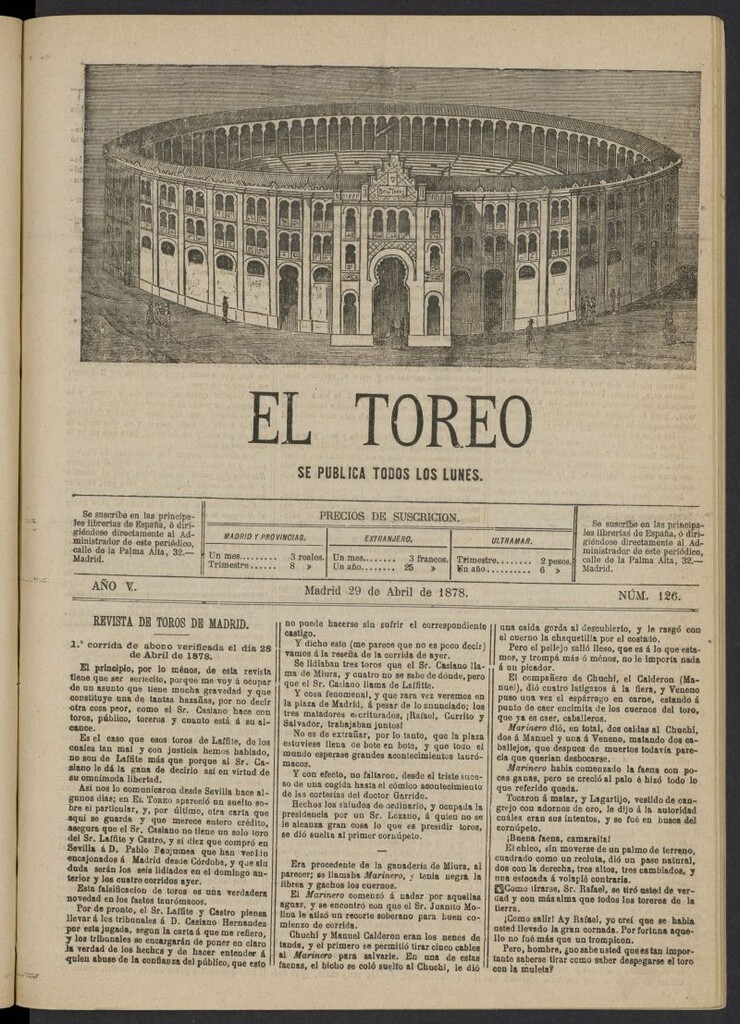 Miniatura de El Toreo: suplemento a "La Correspondencia Teatral" del 29 de abril de 1878, nº 126