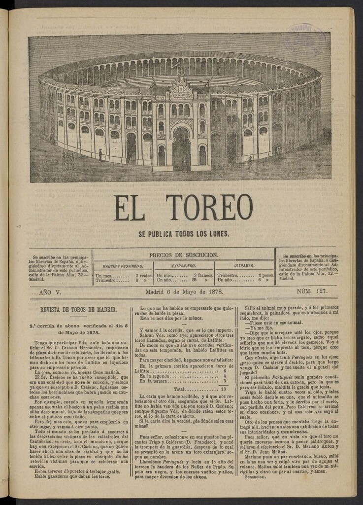 Miniatura de El Toreo: suplemento a "La Correspondencia Teatral" del 6 de mayo de 1878, nº 127