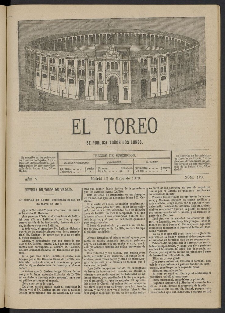 Miniatura de El Toreo: suplemento a "La Correspondencia Teatral" del 13 de mayo de 1878, nº 128