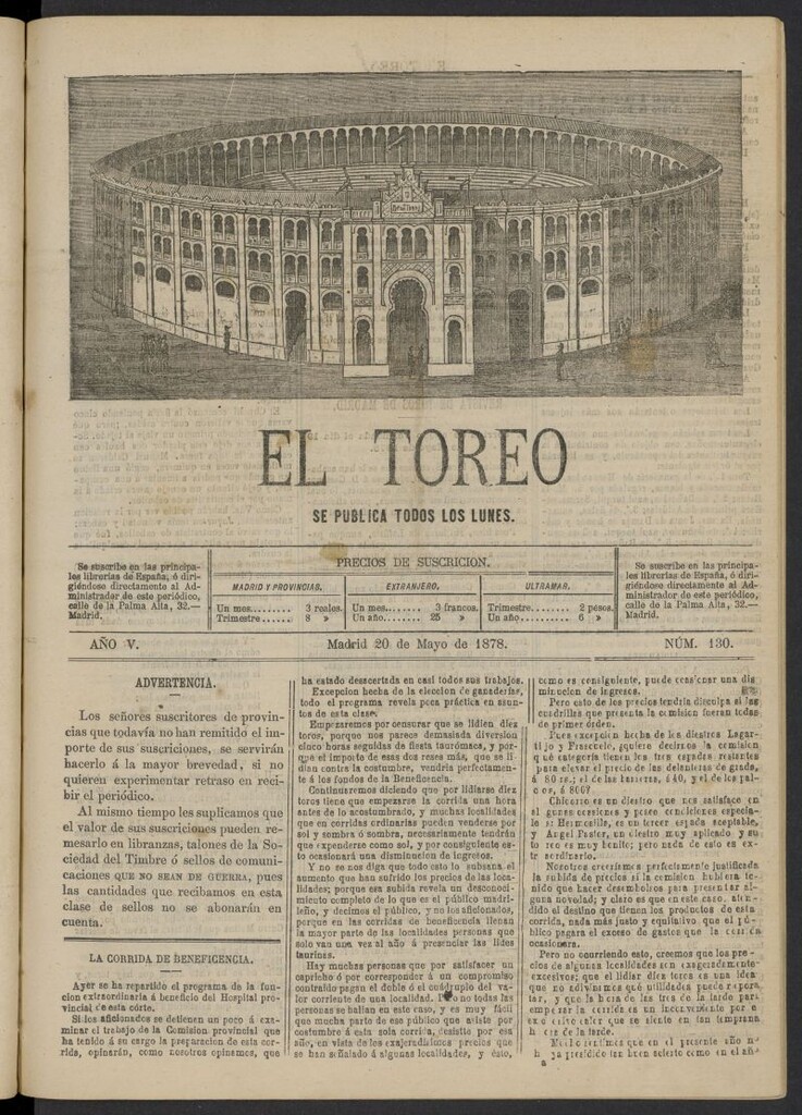 Miniatura de El Toreo: suplemento a "La Correspondencia Teatral" del 20 de mayo de 1878, nº 130