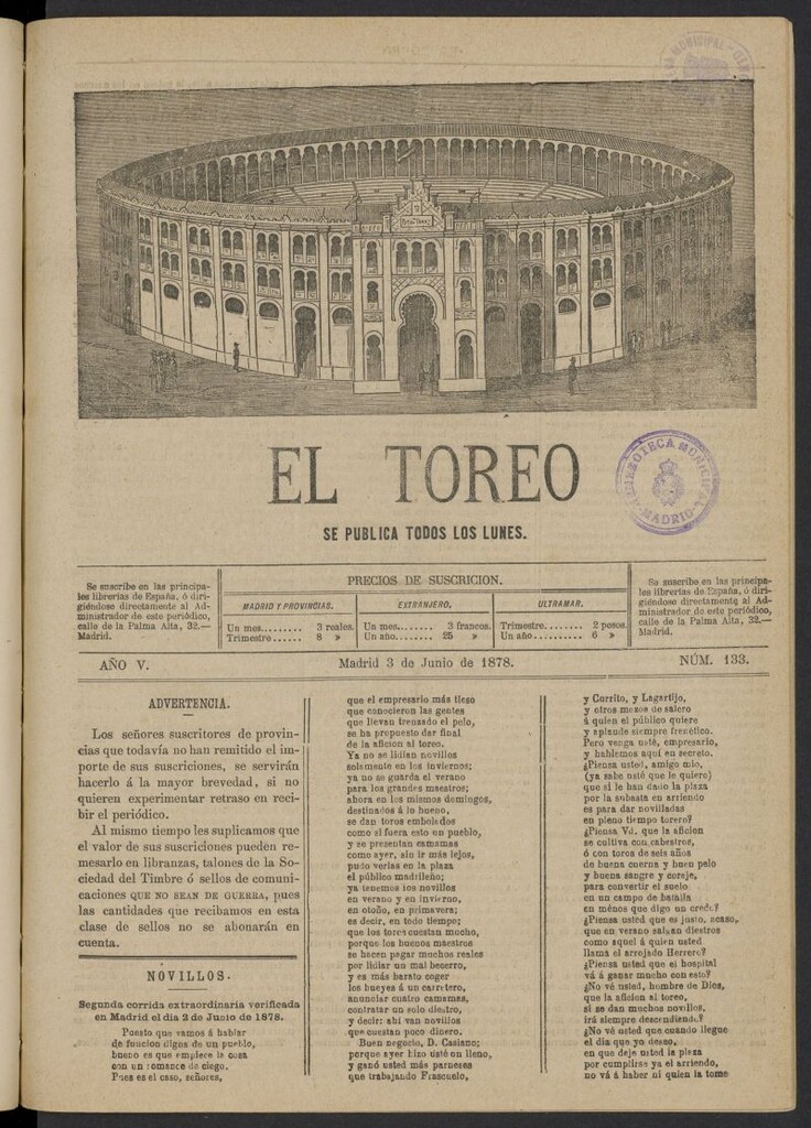 Miniatura de El Toreo: suplemento a "La Correspondencia Teatral" del 3 de junio de 1878, nº 133