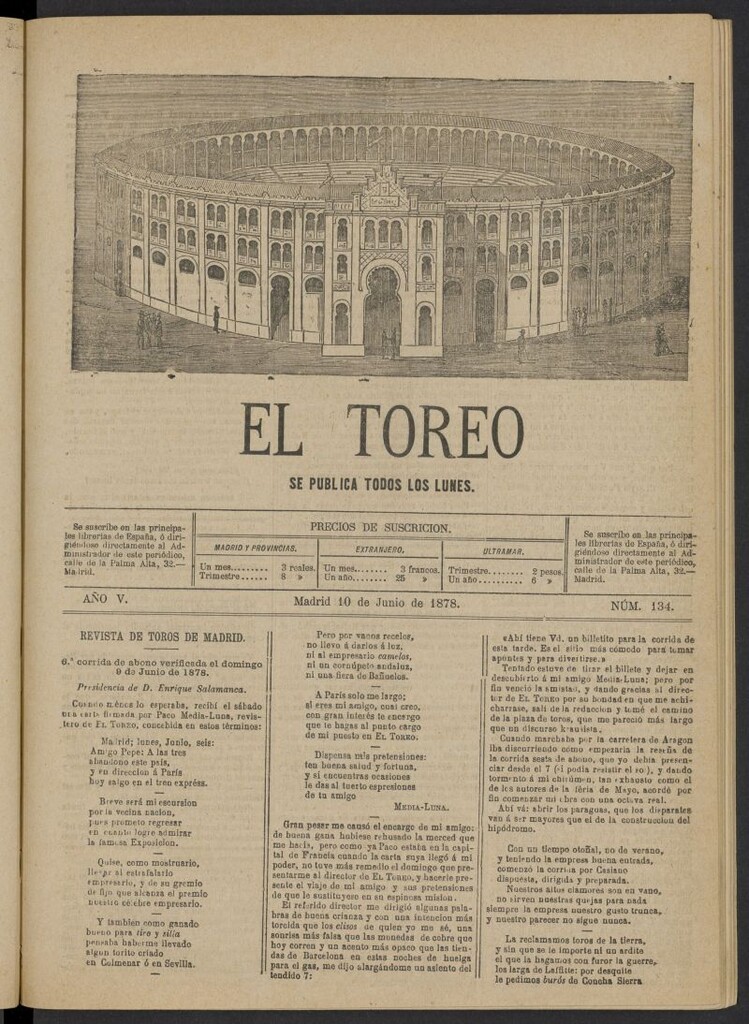 Miniatura de El Toreo: suplemento a "La Correspondencia Teatral" del 10 de junio de 1878, nº 134