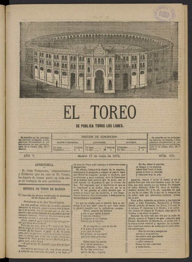 Miniatura de El Toreo: suplemento a "La Correspondencia Teatral" del 17 de junio de 1878, nº 135