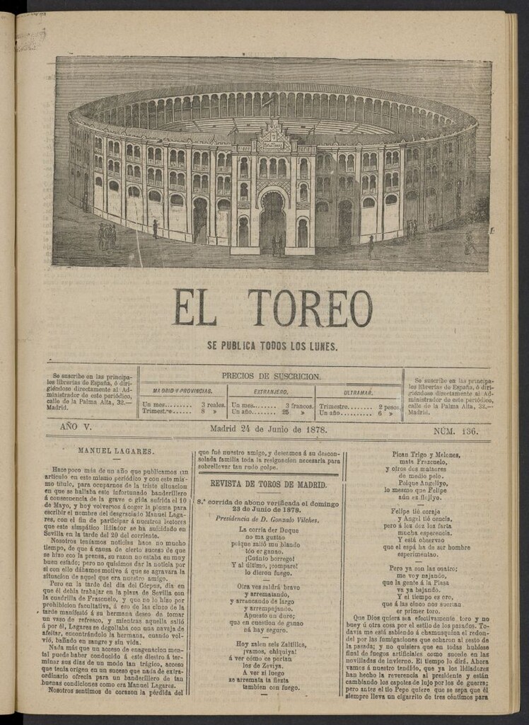Miniatura de El Toreo: suplemento a "La Correspondencia Teatral" del 24 de junio de 1878, nº 136