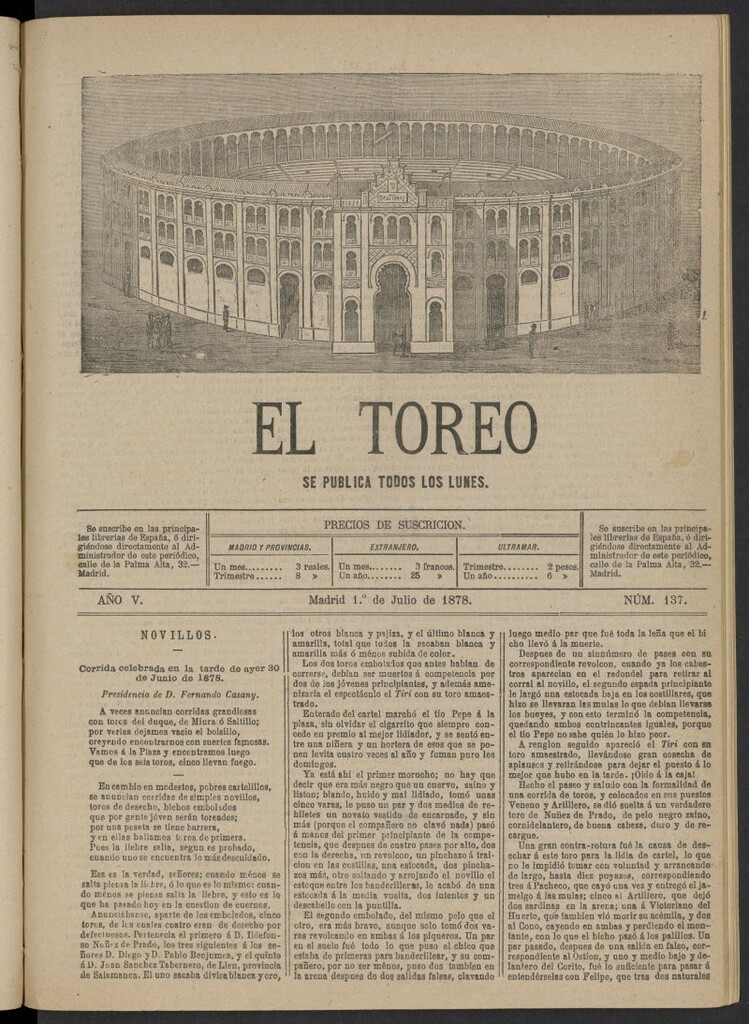 Miniatura de El Toreo: suplemento a "La Correspondencia Teatral" del 1 de julio de 1878, nº 137